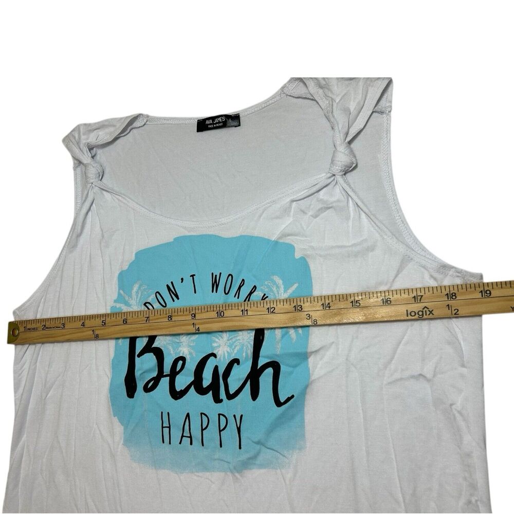 Ava James Large White “Don’t Worry Beach Happy” Graphic Knot Shoulder Tank Top - Picture 6 of 6